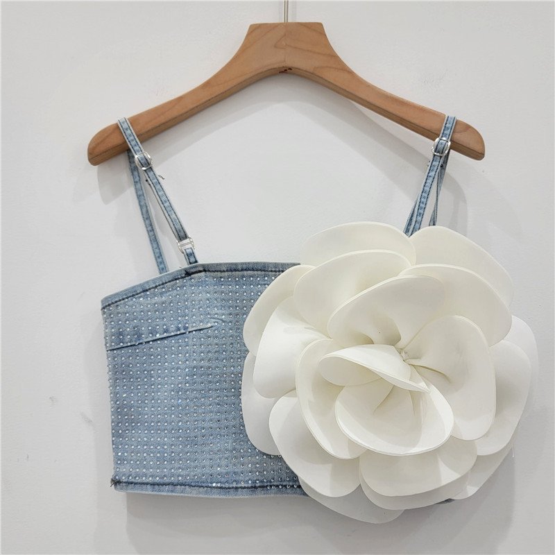 Three-Dimensional Large Flower Camisole - Women's Outer Wear Rhinestone Denim Short Top