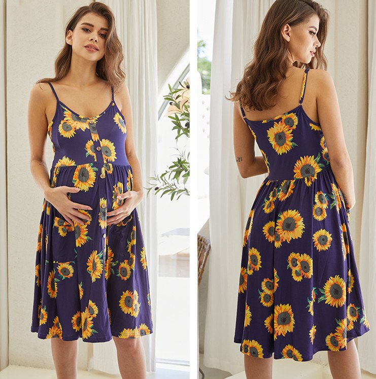 Women's Fashion Sunflower Print Pocket Sling Maternity Dress - Stylish & Comfortable Maternity Wear