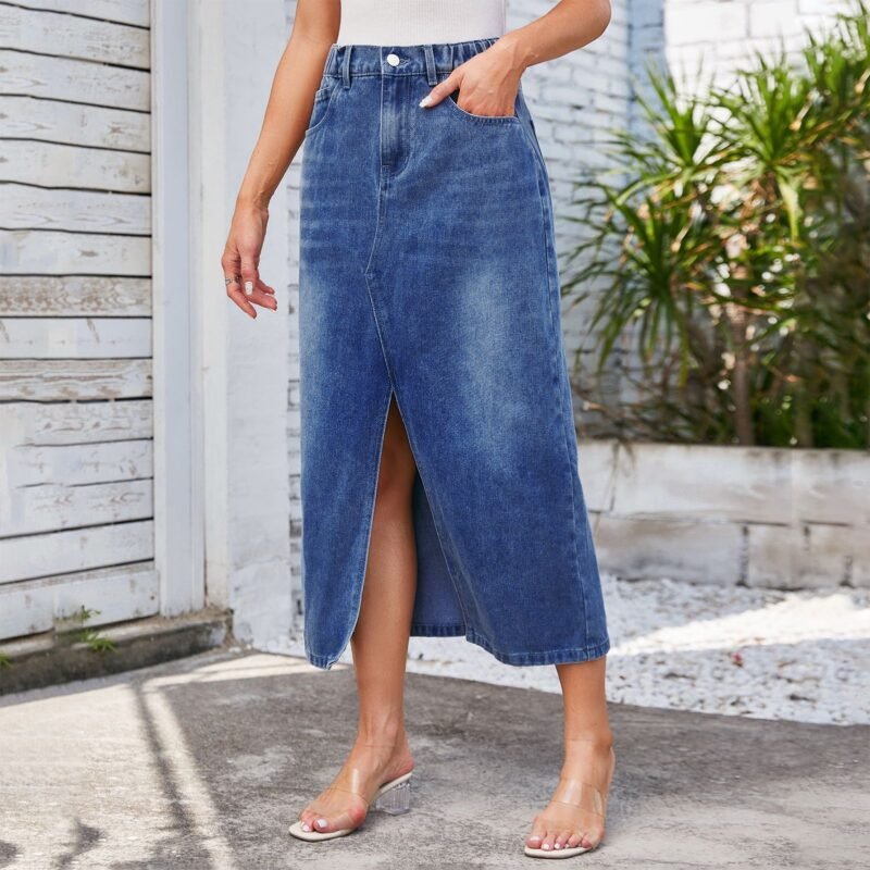 Elastic Waist Split Denim Midi Dress - Trendy and Comfortable