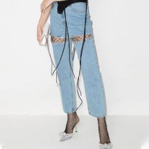 Diamond Beaded Straight Hollow Jeans for Women | Mid-Waist Long Stylish Denim