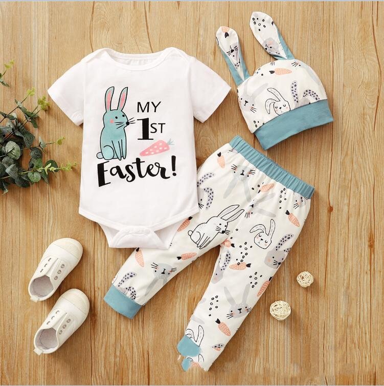 New Easter Print Rabbit Romper – Adorable Three-Piece Baby Outfit