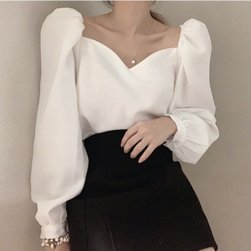 Retro Square Collar Lantern Sleeve Shirt | Stylish & Vintage Women's Top