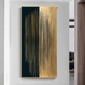 Modern Minimalist Abstract Black & Gold Lines Canvas Painting – Elegant Home Gallery Decor
