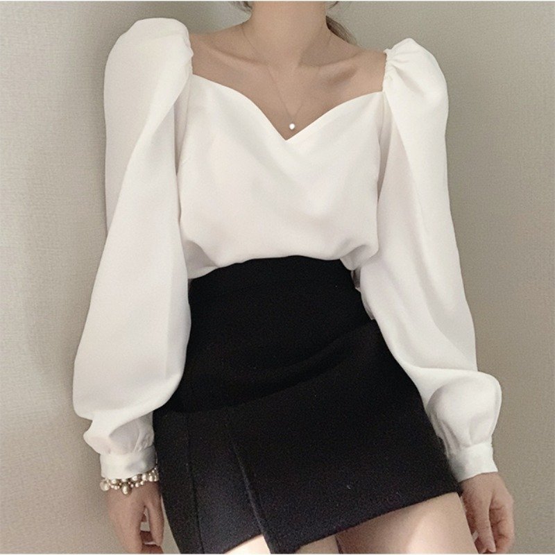 Retro Square Collar Lantern Sleeve Shirt | Stylish & Vintage Women's Top