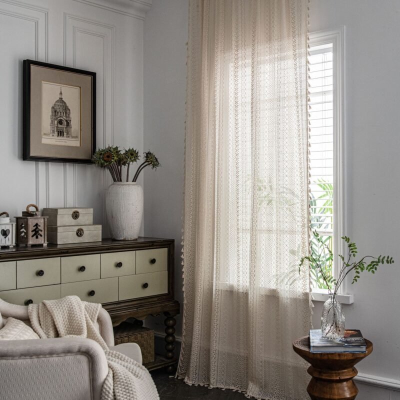 Translucent American Country Hollow Crochet Curtain – Elegant Window Treatment