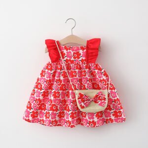 Baby Girl Flounced Sleeve Dress & Free Bamboo Basket Satchel - Stylish & Cute Outfit Set