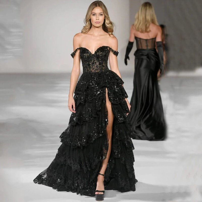 Women's French-Style Black Satin Evening Dress - Elegant & Timeless