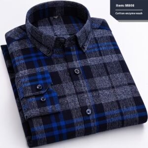 Cotton Long-Sleeved Plaid Shirt for Men - Slim Fit Business Casual