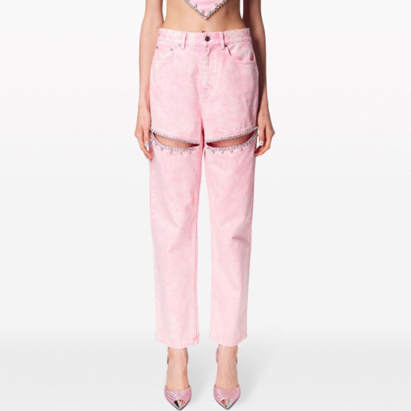 Diamond Beaded Straight Hollow Jeans for Women | Mid-Waist Long Stylish Denim