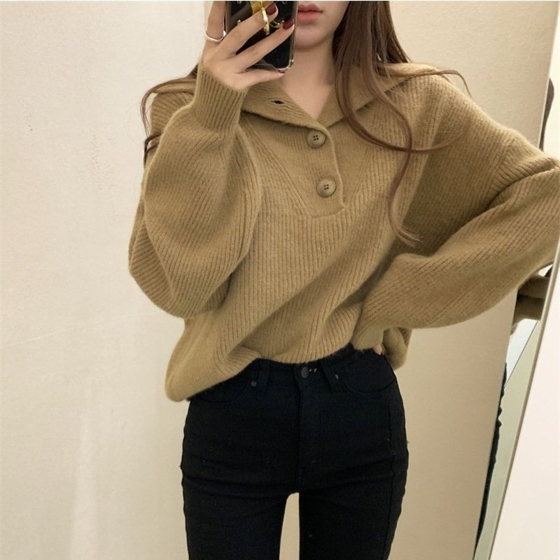 Women's Large Lapel Button Sweater Top | Stylish & Cozy Fashion