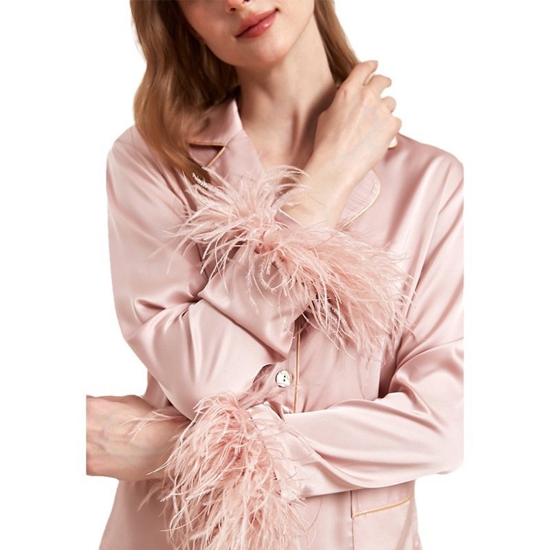 Removable Feather Ice Silk Pajamas for Women - Luxurious Ostrich Feather Loungewear Set