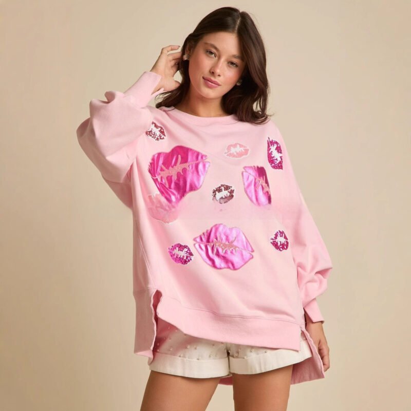 Women's Valentine's Day Sequined Kiss Top - Stylish