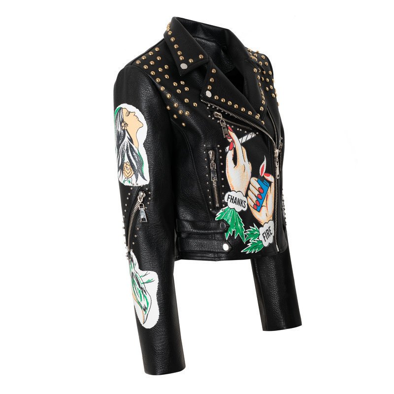 Leather Jacket | Fashion Personality Women's Print Rivet Short Jacket