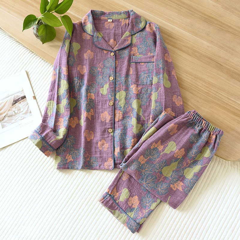 Women's Thin Cotton Gauze Yarn-Dyed Jacquard Pajamas Suit - Lightweight & Stylish Sleepwear