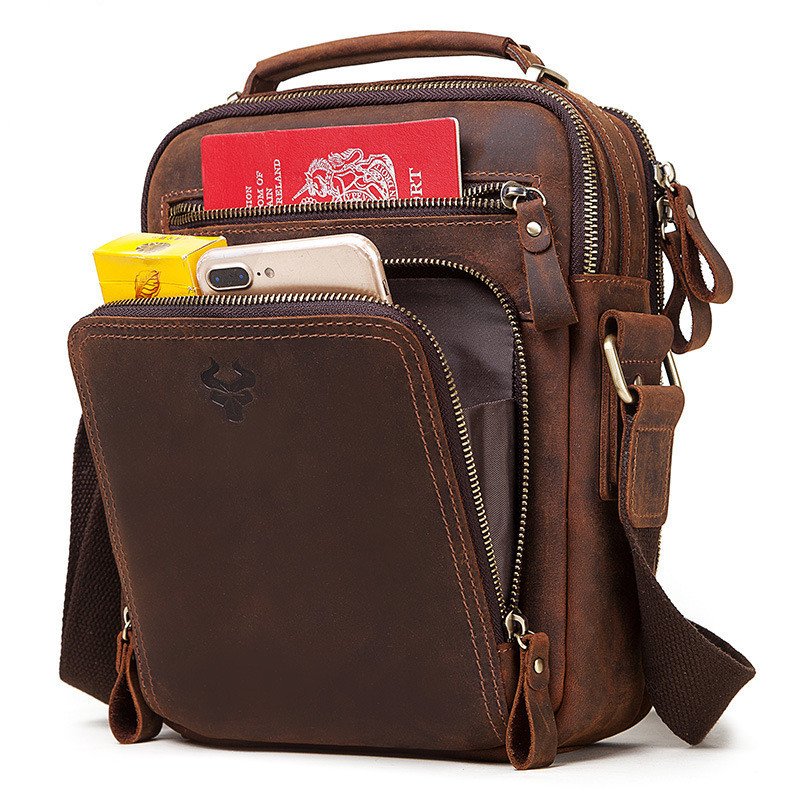 Men's Leather Single-Shoulder Crazy Horse Leather Crossbody Bag - Stylish & Durable