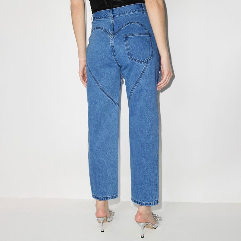 Diamond Beaded Straight Hollow Jeans for Women | Mid-Waist Long Stylish Denim