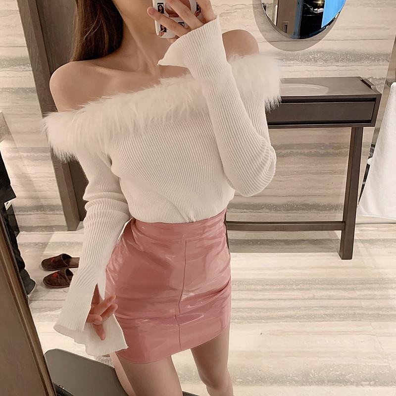 Women's Off-Shoulder Fleece Sexy One-Line Neck Slim Long-Sleeved Sweater