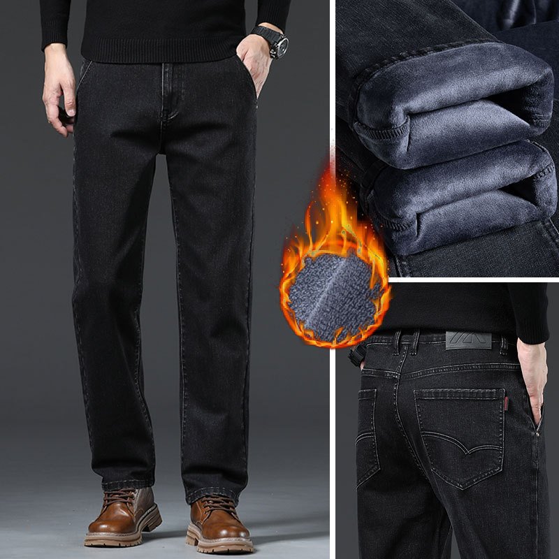 Men's Loose Fleece-Lined Straight-Leg Trousers – Warm & Comfortable Winter Denim