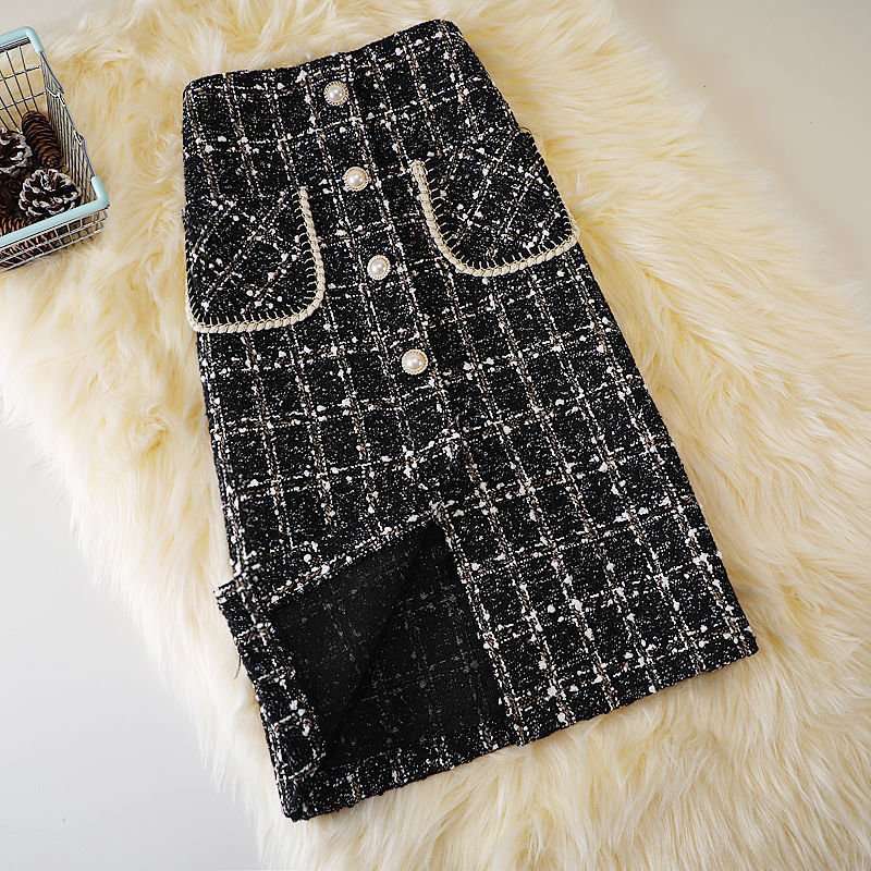 Mid-length A-Line High Waist Slimming Woolen Plaid Skirt – Stylish and Elegant Women's Skirt