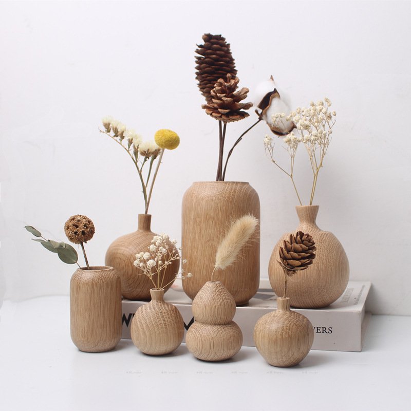 Solid Wood Dried Flowers & Flowerpot, Wooden Craftwork Vase