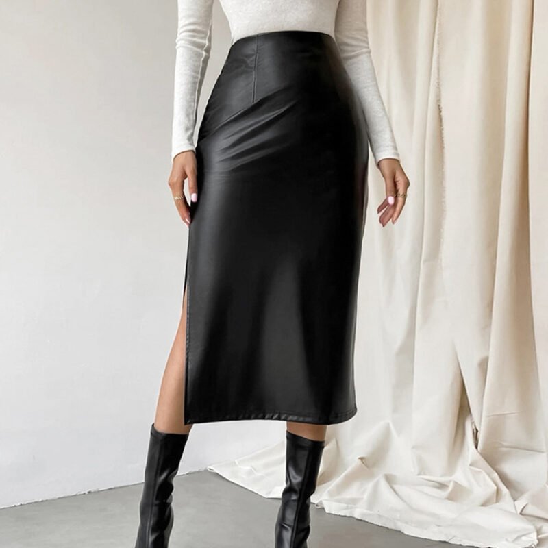 French Sheath PU Leather Skirt Black Slit Straight Skirt - Chic & Stylish Design