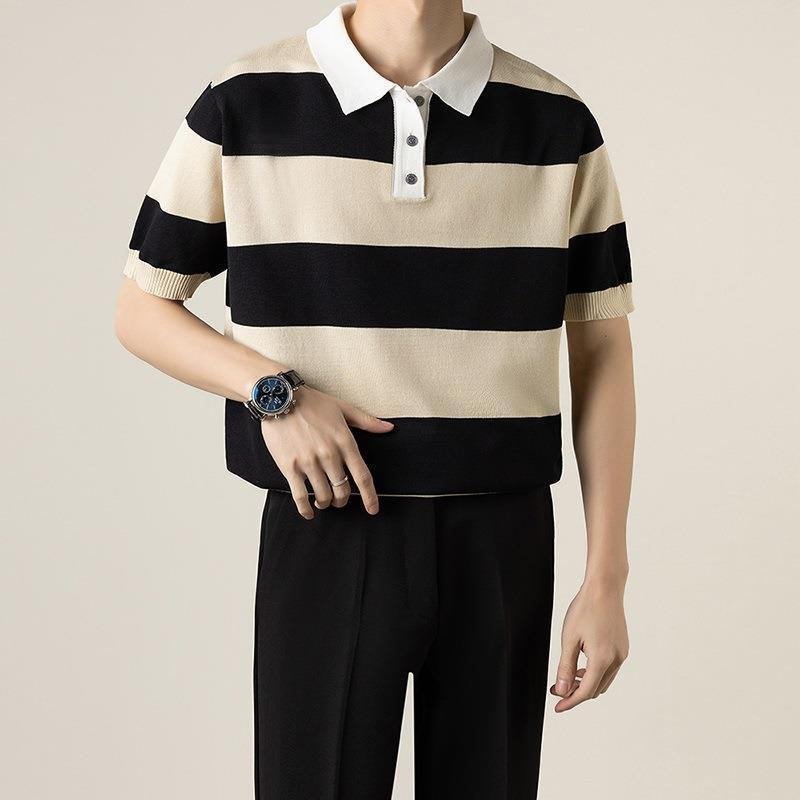 Knitted Polo Shirt – Casual Striped Short Sleeve for Men