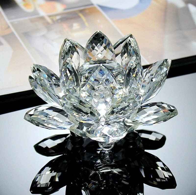 80mm Quartz Crystal Lotus Flower Crafts – Feng Shui Glass Paperweight, Home & Wedding Party Decor Gifts