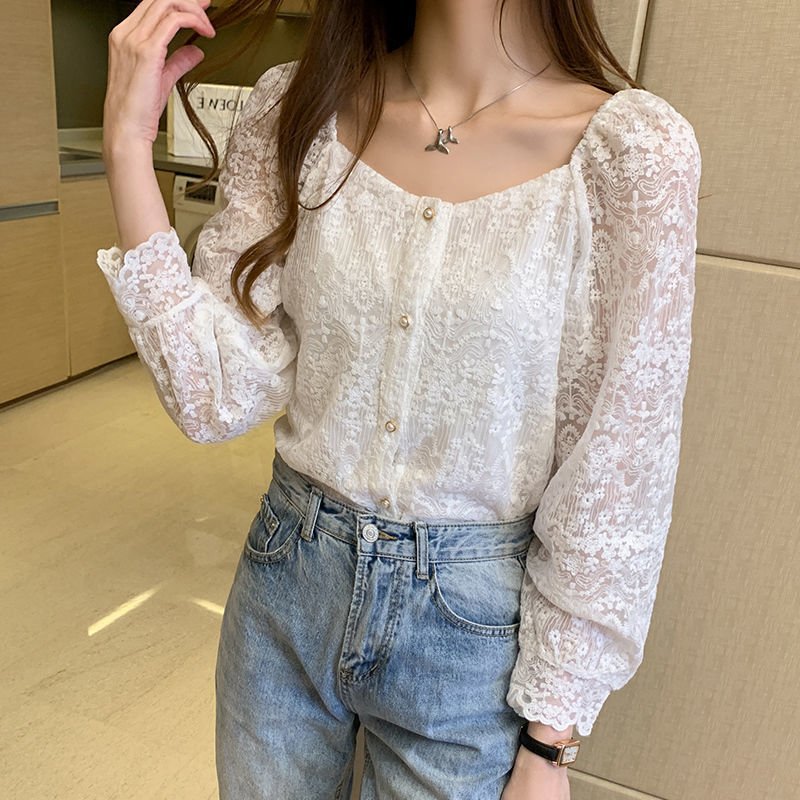 Western-Style Cardigan with Lace Hollow Design - Loose Long-Sleeved Top for Women
