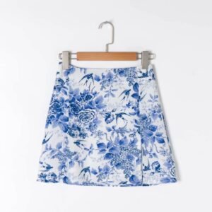 Blue and White Printed Stretch Slimming Skirt – Stylish and Comfortable