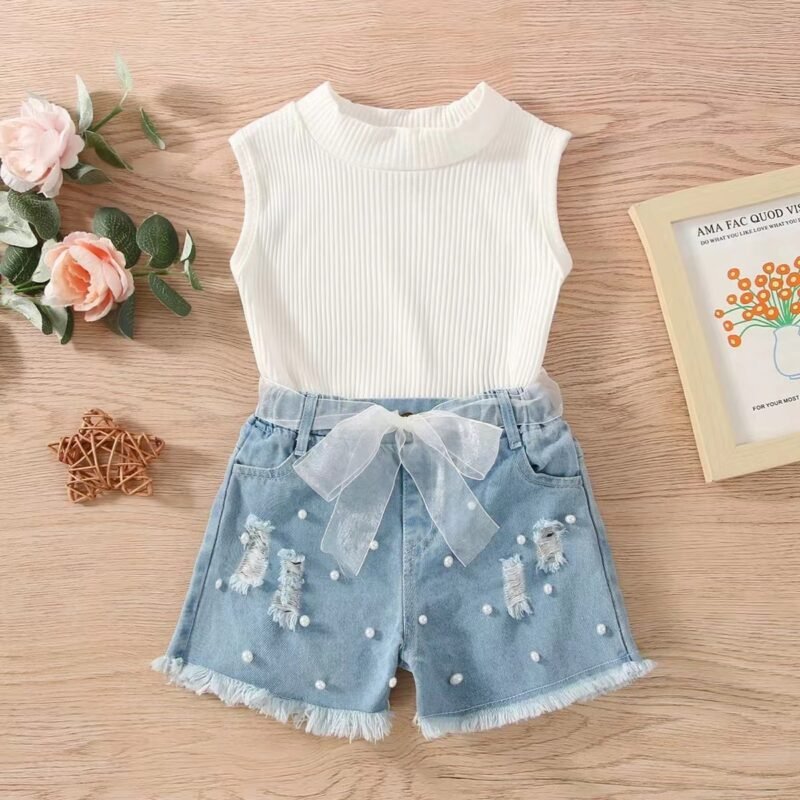 Sleeveless Children's Suit and Denim Shorts Two-Piece Set – Stylish Summer Outfit for Kids