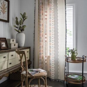 Boho Cream Cotton & Linen Print Sun Shade Curtain Fabric – Non-Punched for Home Decor