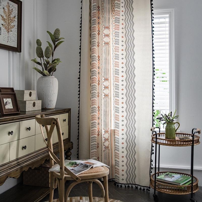 Boho Cream Cotton & Linen Print Sun Shade Curtain Fabric – Non-Punched for Home Decor