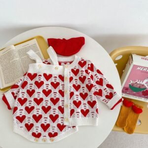 Baby Girl Knitted Love Jacquard Sweater Coat & Shoulder Strap Romper – 2-Piece Set