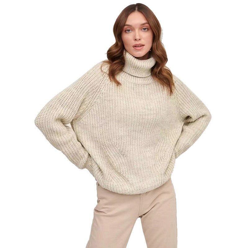 High Neck Thickened Turtleneck Sweater - Solid Color Casual Mid-Length Sweater for Women