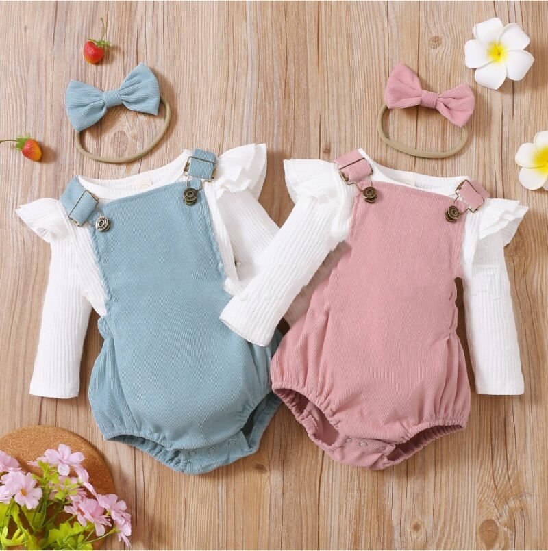 Solid Color Stripe Top & Suspender Pants Suit – Stylish & Comfortable Outfit for Kids