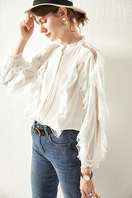 French Linen Elegant Wooden Ear Belly Covering Slimming Lace Shirt | Loose All-Match Women's Top