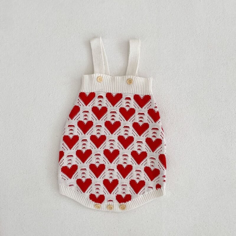 Baby Girl Knitted Love Jacquard Sweater Coat & Shoulder Strap Romper – 2-Piece Set