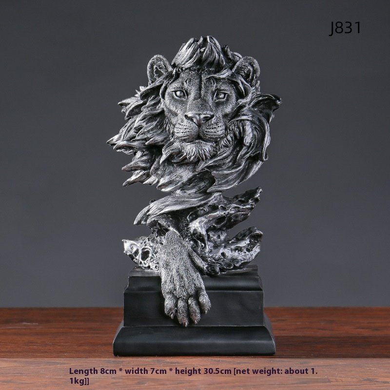 American Retro Animal Copper Lion Head Portrait – Resin Craft Ornament for Hallway & Office Decor