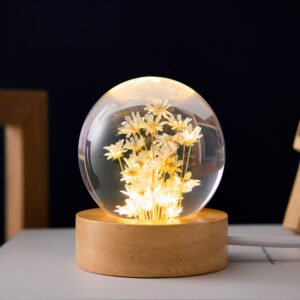 Luminous 3D Dandelion Crystal Ball with Beech Wood Stand – Preserved Flower Sphere Desktop Ornament, Birthday & Christmas Gifts