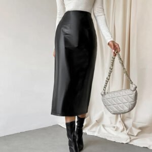 French Sheath PU Leather Skirt Black Slit Straight Skirt - Chic & Stylish Design