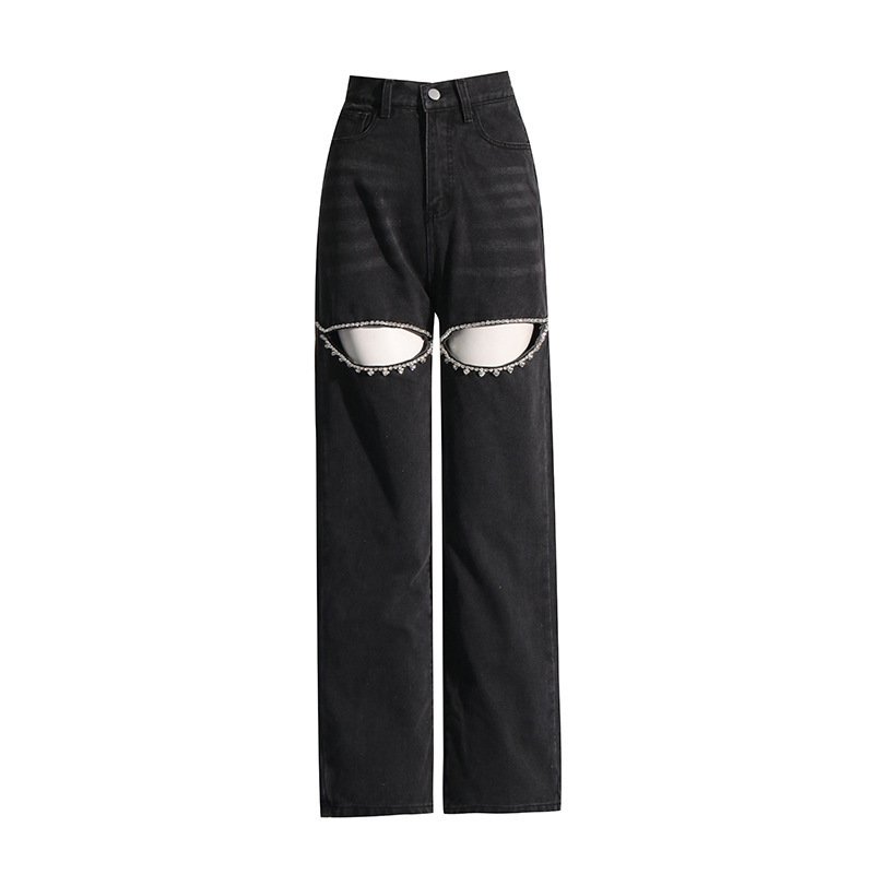 Diamond Beaded Straight Hollow Jeans for Women | Mid-Waist Long Stylish Denim