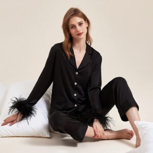 Removable Feather Ice Silk Pajamas for Women - Luxurious Ostrich Feather Loungewear Set