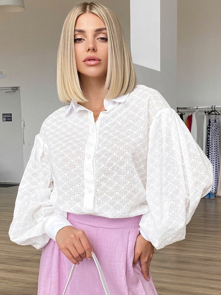 Temperament Wild Polo Collar Shirt with Small Hollow Design | Stylish & Trendy Women's Top