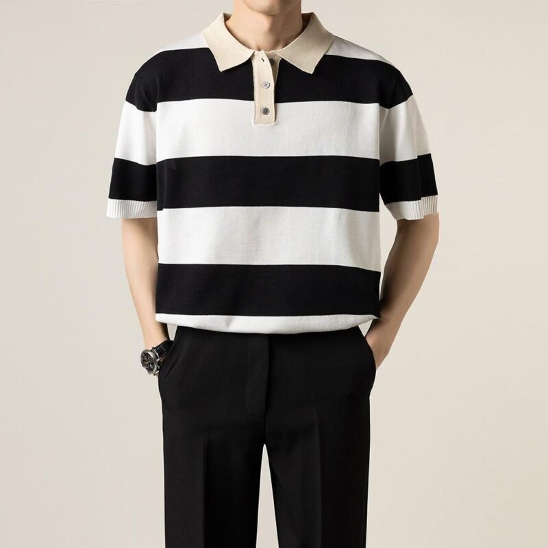Knitted Polo Shirt – Casual Striped Short Sleeve for Men