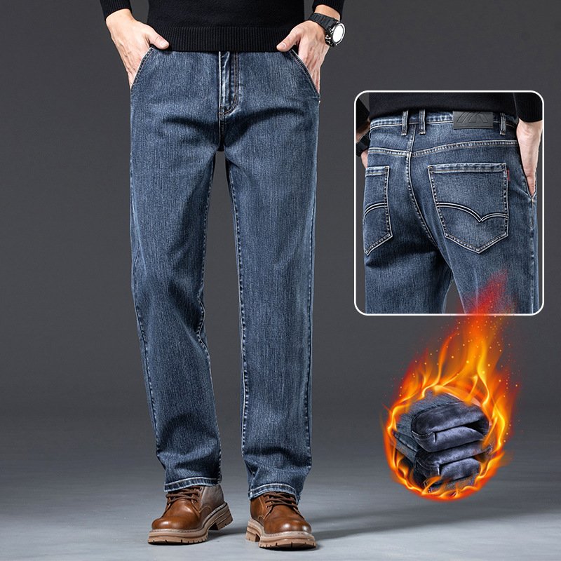 Men's Loose Fleece-Lined Straight-Leg Trousers – Warm & Comfortable Winter Denim