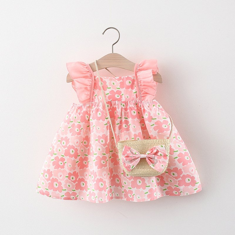 Baby Girl Flounced Sleeve Dress & Free Bamboo Basket Satchel - Stylish & Cute Outfit Set