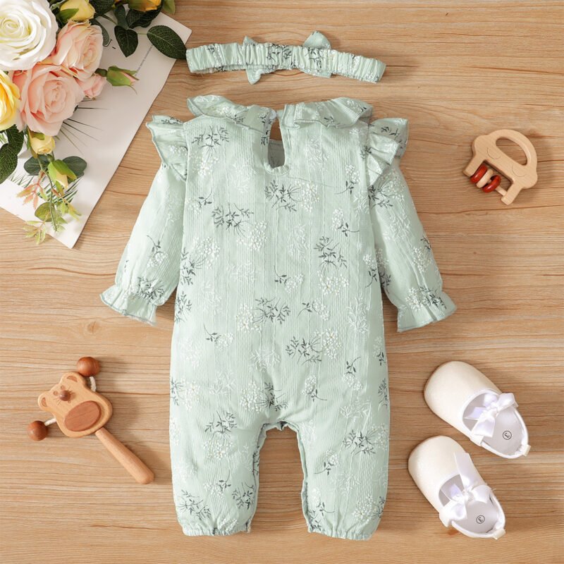 Girls Floral Lotus Collar Long-Sleeved Jumpsuit with Headscarf – Cute Baby Girl Outfit