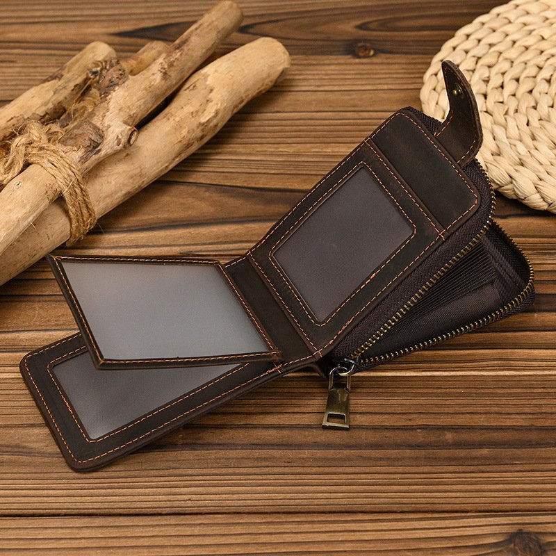 Men's Short Crazy Horse Leather Zipper Wallet - Durable & Stylish