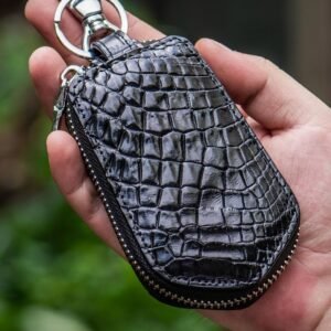 Leather Zipper Car Key Bag with Vertical Card Holder for Men and Women