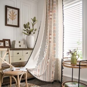 Boho Cream Cotton & Linen Print Sun Shade Curtain Fabric – Non-Punched for Home Decor
